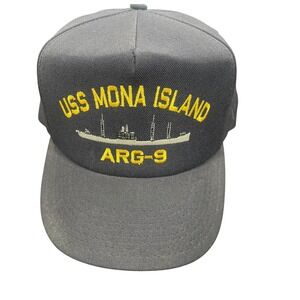 Vintage USS Mona Island ARG-9 Navy Ship Hat Made in USA Snapback Blue Cap